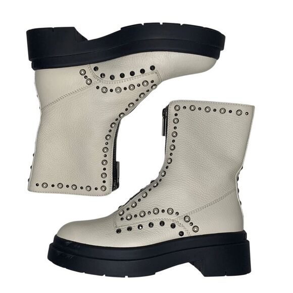 Jimmy Choo Nola Flat Boots Off White EU 37.5 Faux Pearl Studded Lug Sole Zip Up